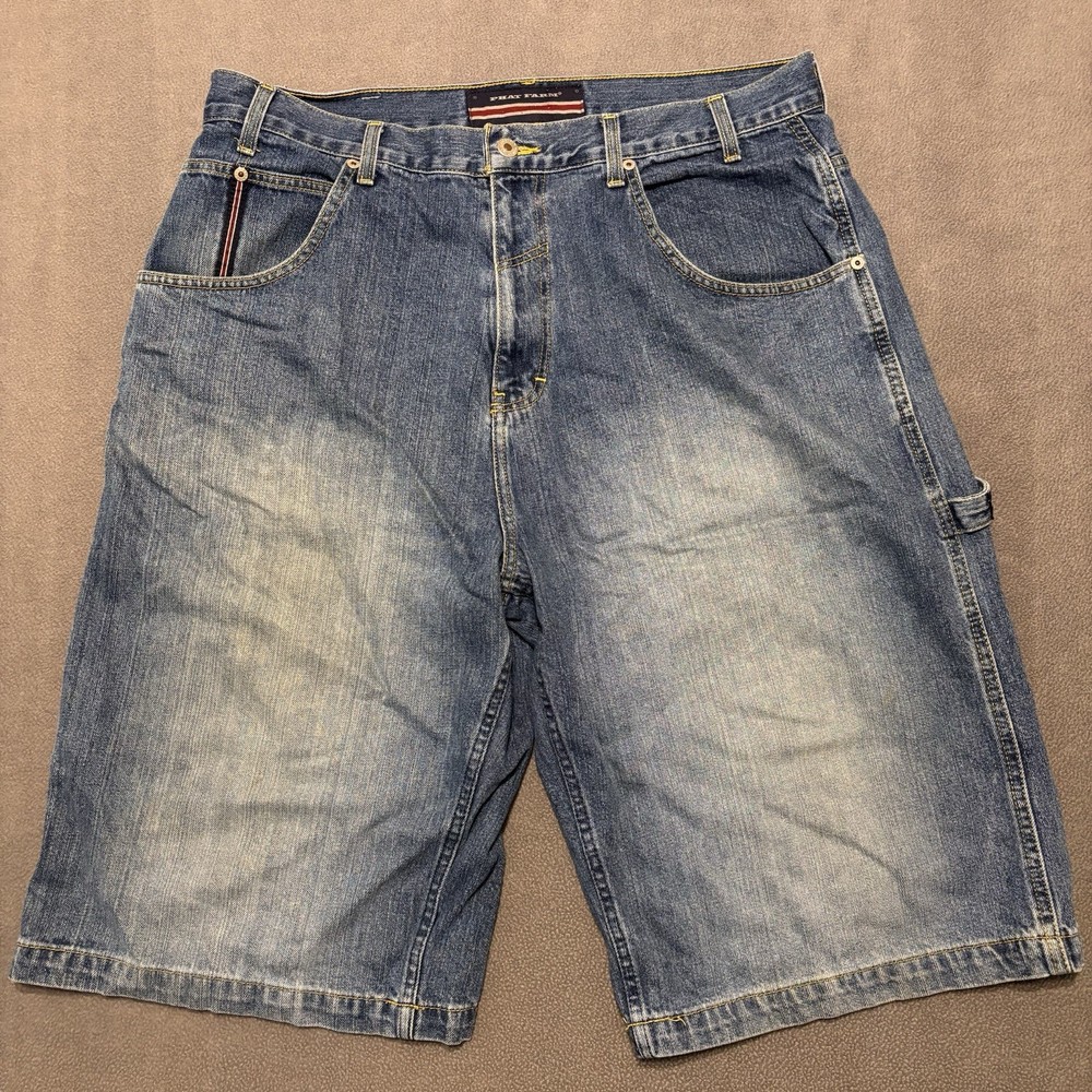 Phat Farm Carpenter Denim Shorts Men's 38 Blue Baggy 90s Hip Hop Distressed Y2K