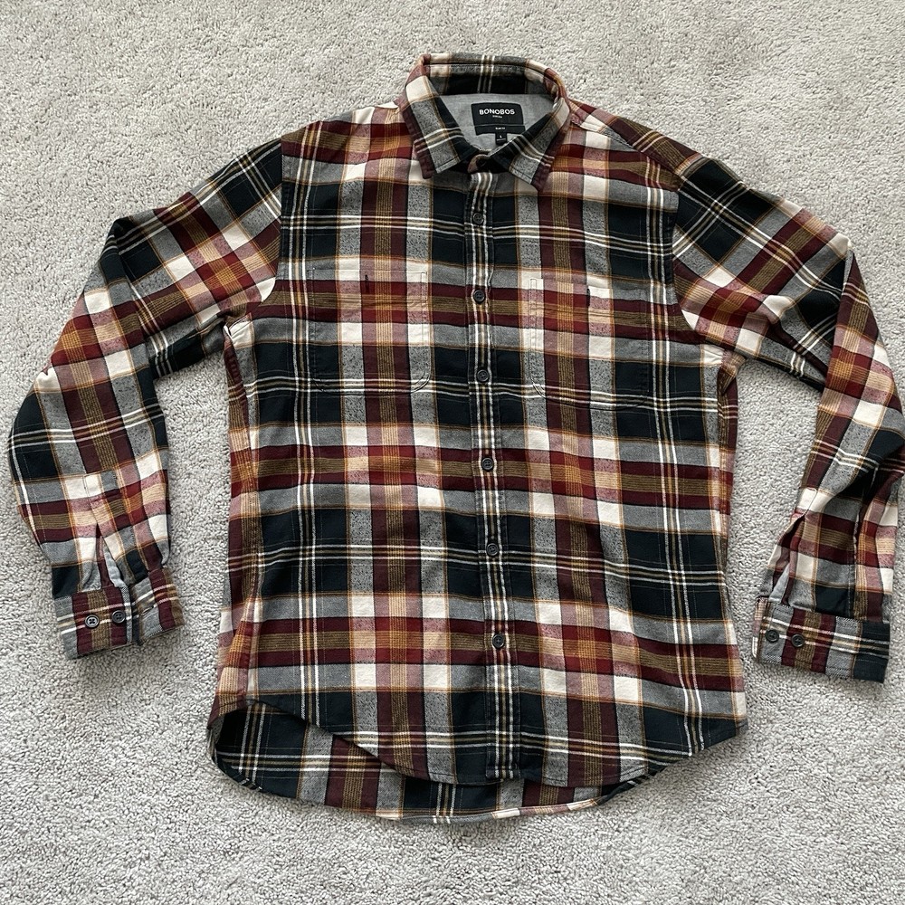 Bonobos Mens Large Multicolor Plaid Stretch Slim Fit Long Sleeve Button Up Shirt