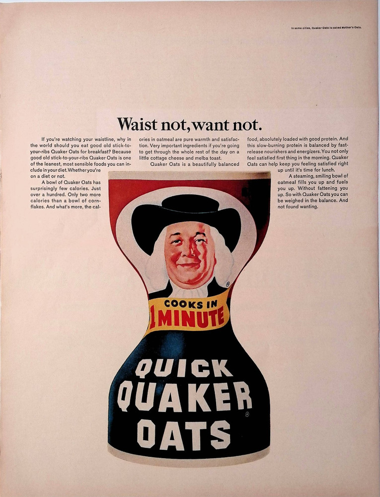 1967 Quick Quaker Oats Waist Not, Want Not Oatmeal Vintage Print Ad LIFE March 3