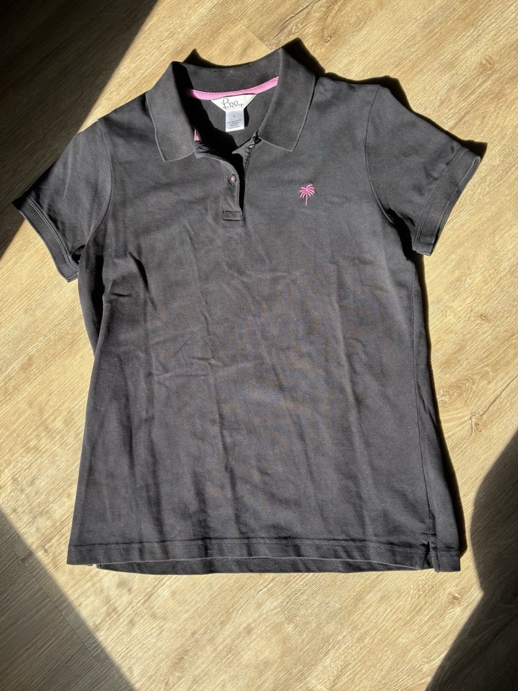 Lilly Pulitzer Short Sleeve Polo Shirt Size M Black with Pink Palm Tree Vintage