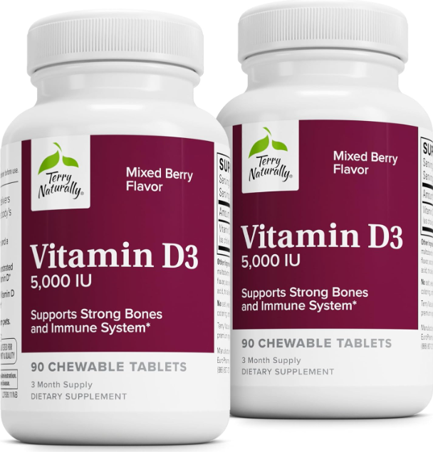Vitamin D3 5,000 IU - 90 Chewable Tablets, Pack of 2 - Mixed Berry Flavor - Supp