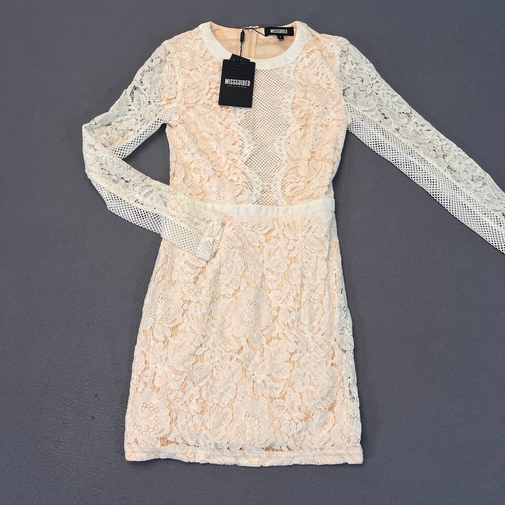 MISSGUIDED Nude/White Pink Fishnet Inset Lace LS Bodycon Dress Sheer US 8 NWT