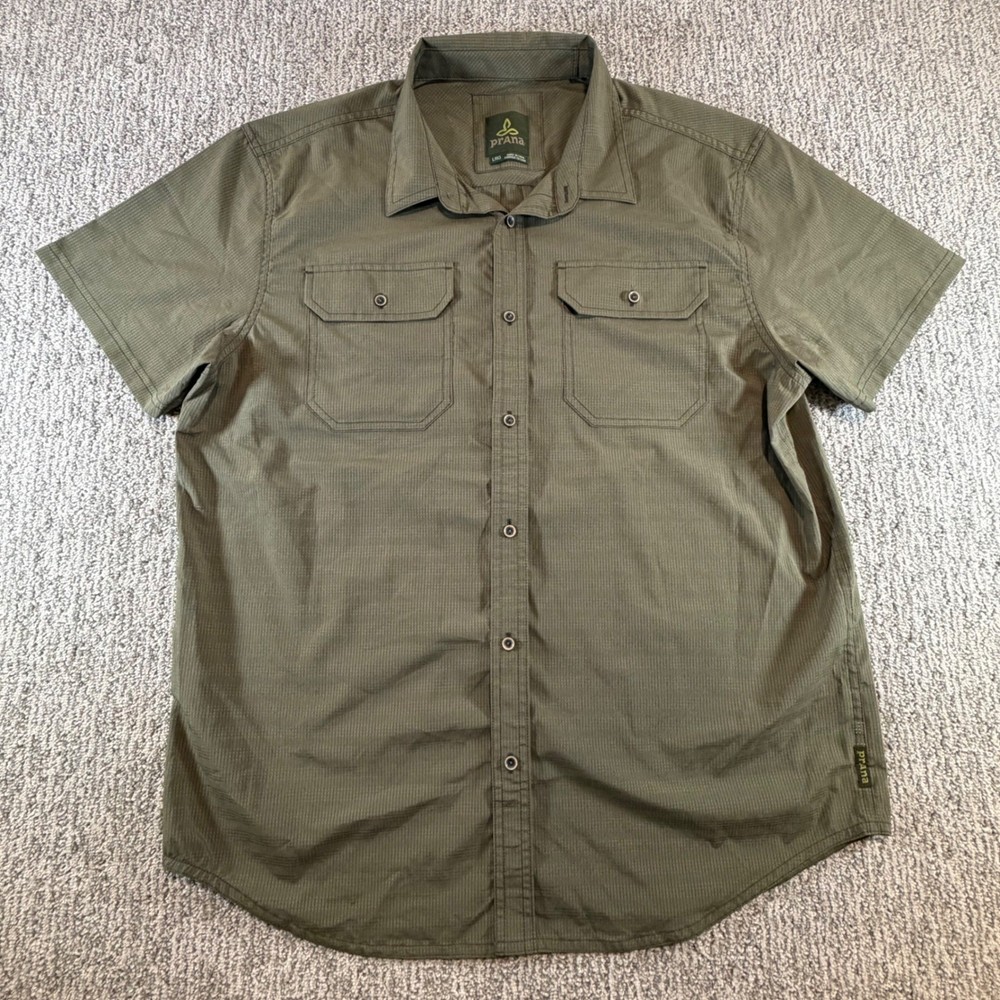 Prana Button Down Shirt Mens LRG Green Short Sleeve Grid Hiking Outdoor Travel