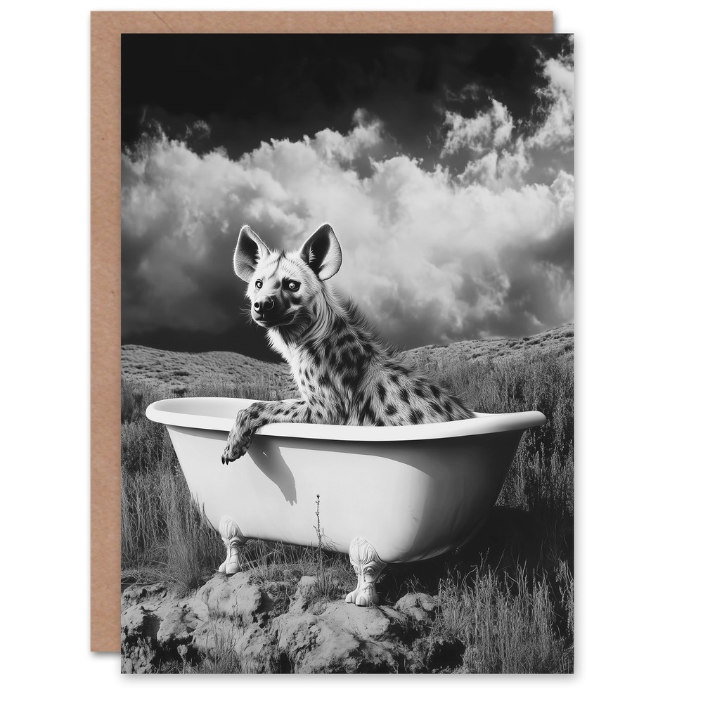 Hyena In Desert Bathtub Black White Surreal Birthday Greeting Card