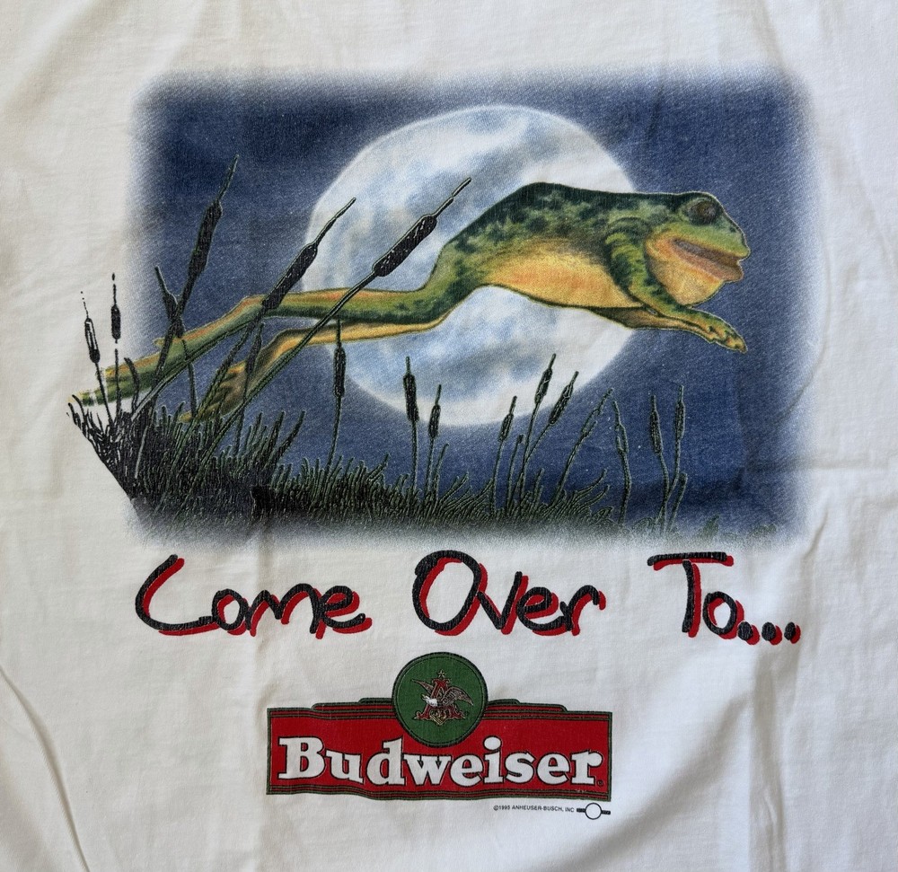 Vintage Rare 1995 Budweiser Come Over To My Pad Frogs T-Shirt White • XXL