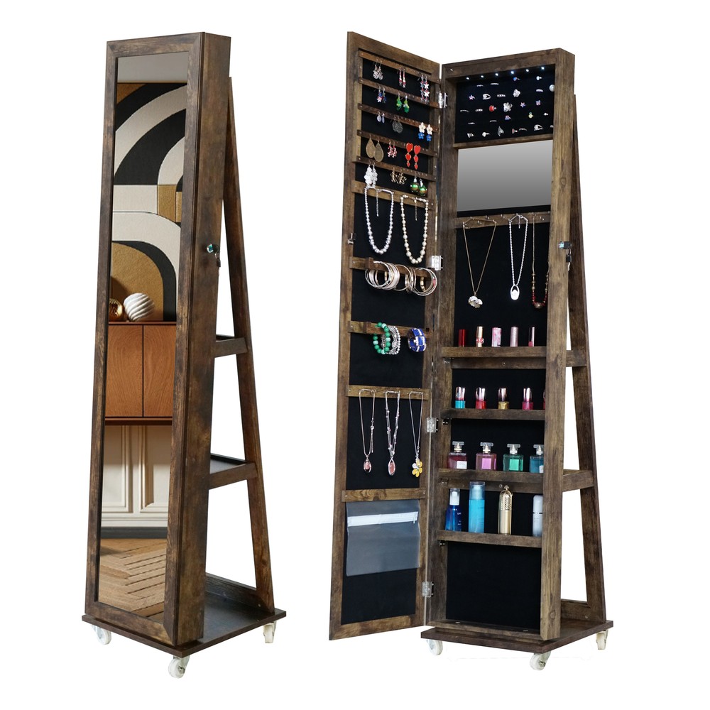 Fashionable 360° Swivel LED Jewelry Cabinet with Mirror Storage