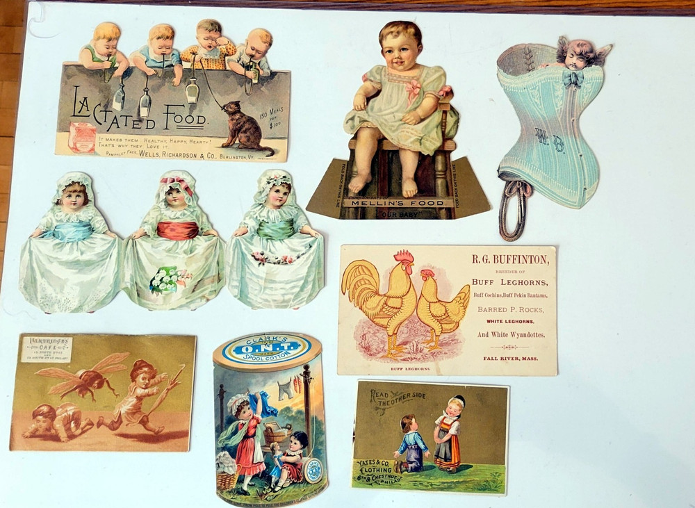 Eight  Victorian Trade Cards. Lactated Food, Dr. Warner's coraline Corsets, Mell