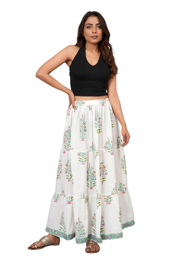 Bohemian Floral Print Cotton Long Skirt Women Lightweight Maxi with ElasticWaist