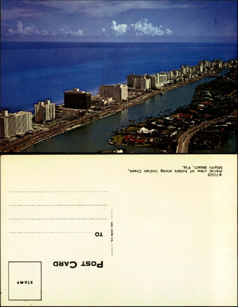 Indian Creek Miami Beach FL aerial view hotels Atlantic Ocean chrome 1970s