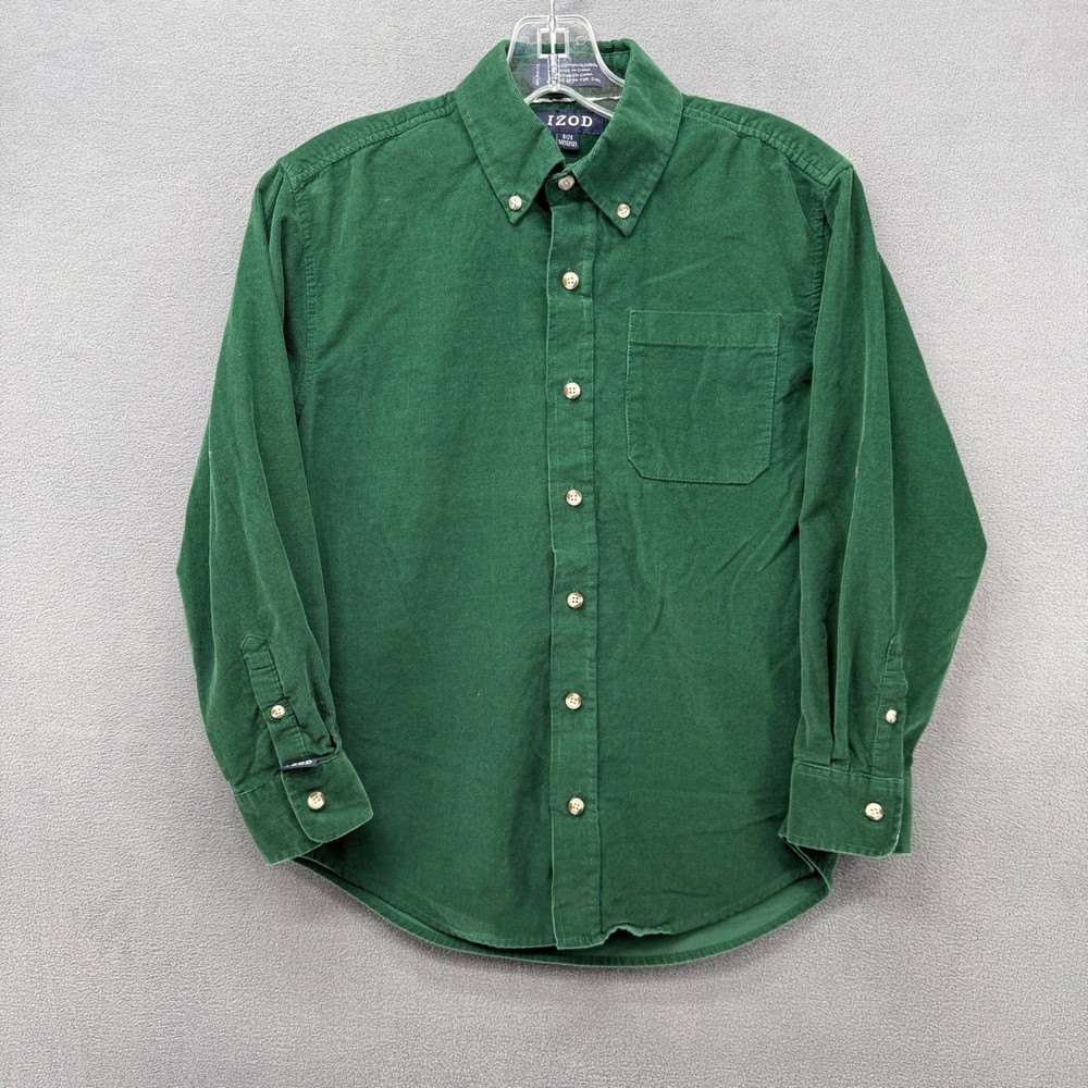 IZOD Green Corduroy Button Down Shirt Long Sleeve Pocket Boys Size M 10 12