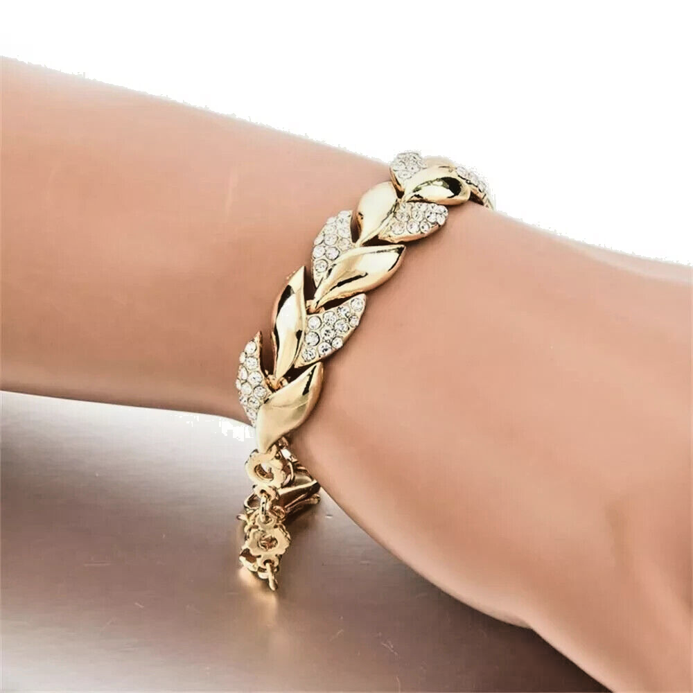 Gold Braided Leaf Bracelet with Crystal Charm for Women