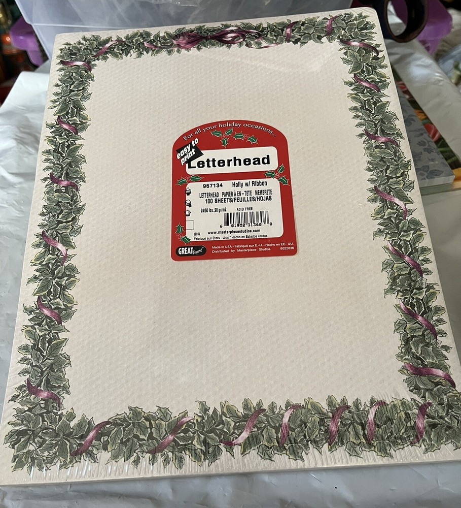 Masterpiece Studios Acid-Free Holly and Ribbon Letterhead Pack of 100 Sheets 8.5x11-image