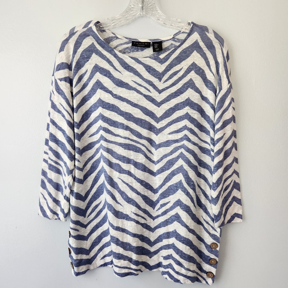 Tahari Top Women's M Linen White Blue Stripe Beach Cool Boho Coastal Breathable