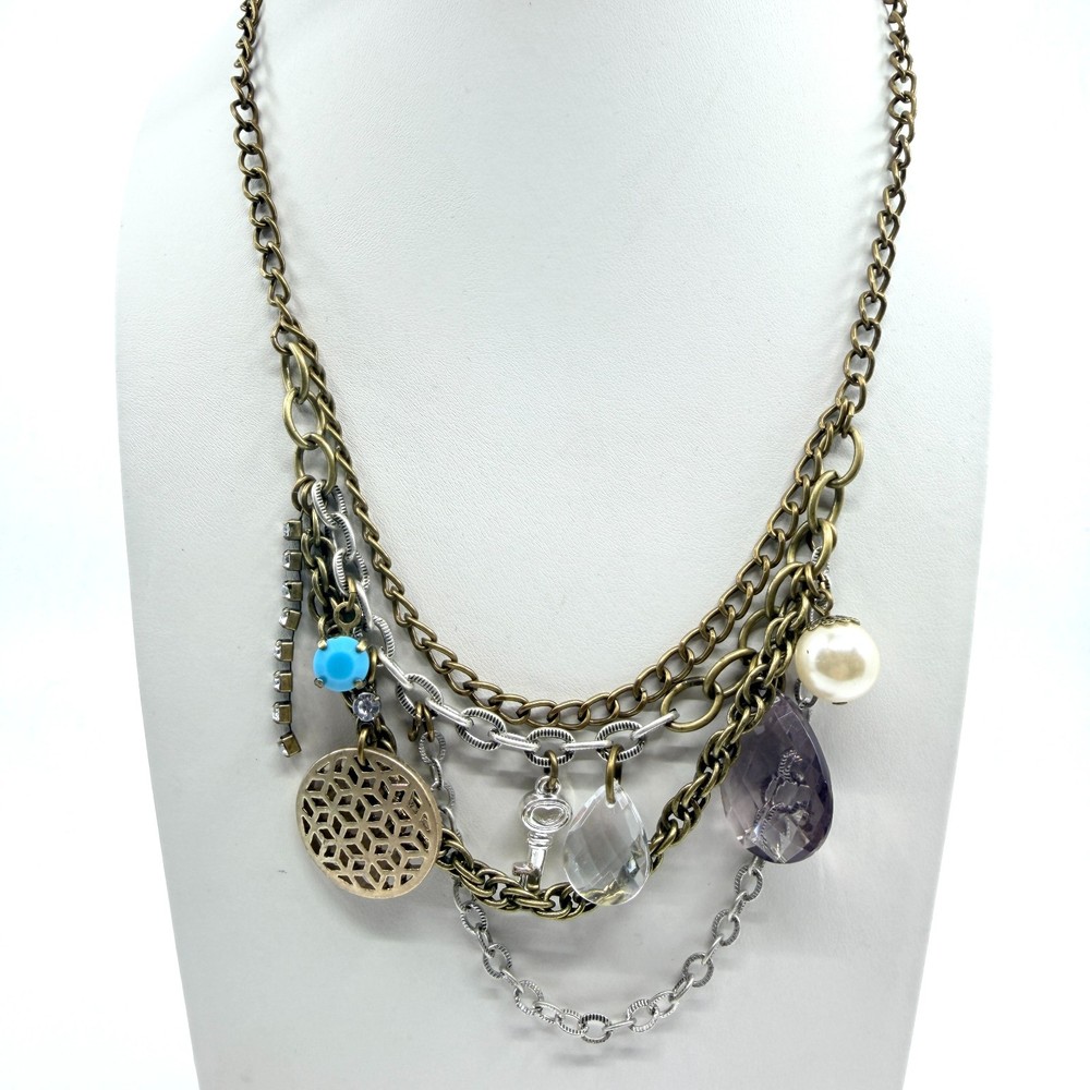 VTG Multi Strand Charm Necklace Bronze & Silver Tone Layered Boho Crystal Retro