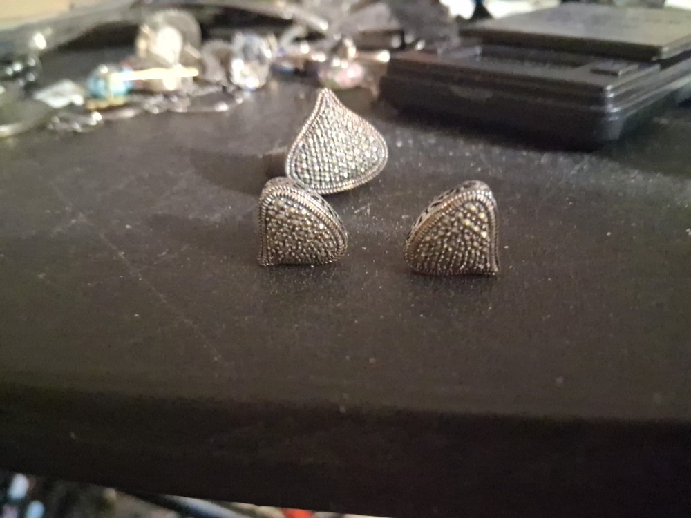 Sterling Silver 925 Marcasite Heart Set Ring and Earrings Art Deco sz 7