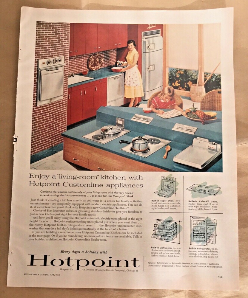 Hotpoint print ad 1956 original vintage 50s retro home decor kitchen appliances
