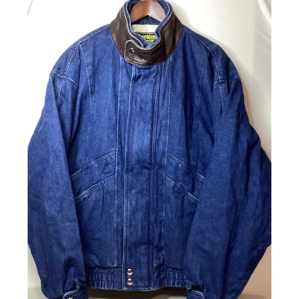 OshKosh Denim Jacket Mens Leather Collar Snap Front Quilted Lined Coat