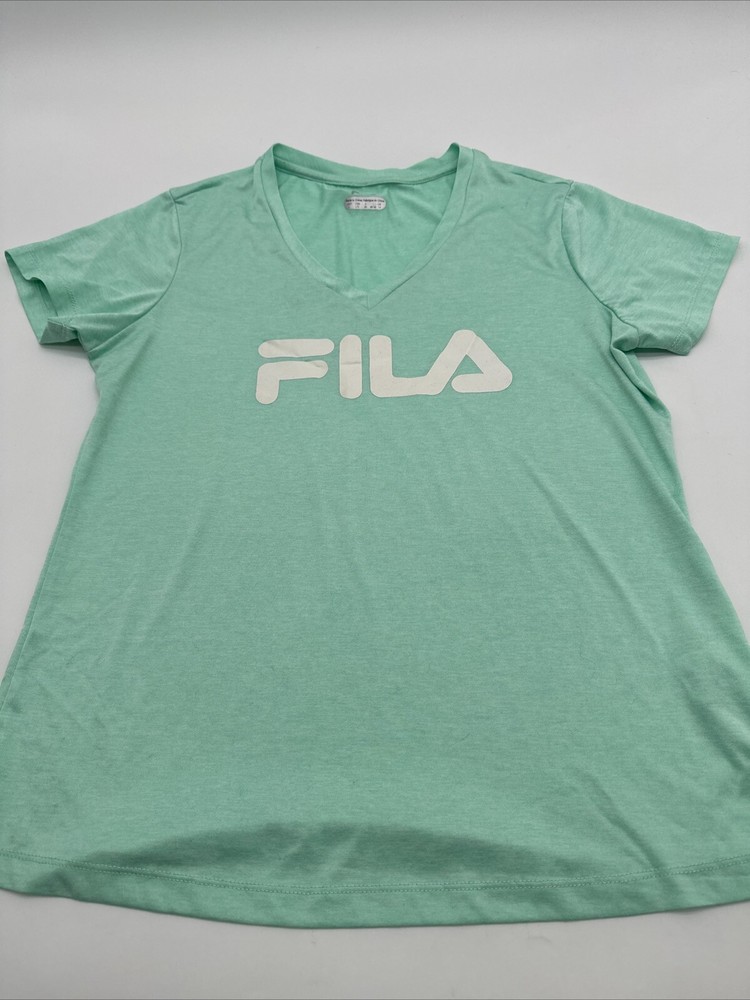 Fila T-shirt Women L Green Solid Logo V- Neck …#22800