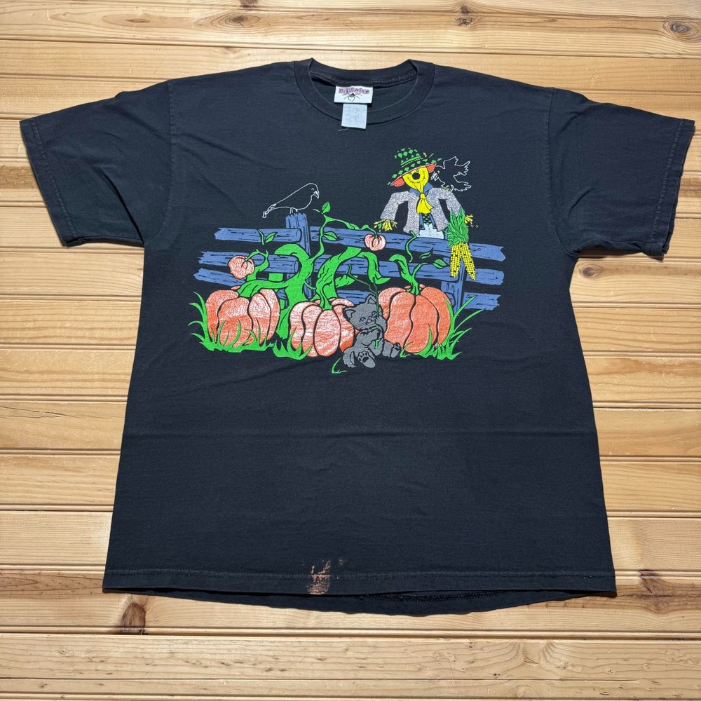 Vintage 90s Halloween Pumpkin Scarecrow Kitten Season Graphic T-Shirt - Large