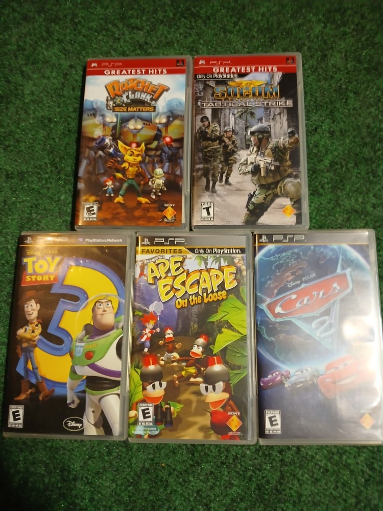 Lot Of 5 PSP Games Ratchet & Clank Toy Story 3 Cars 2 Ape Escape Socom Tactical