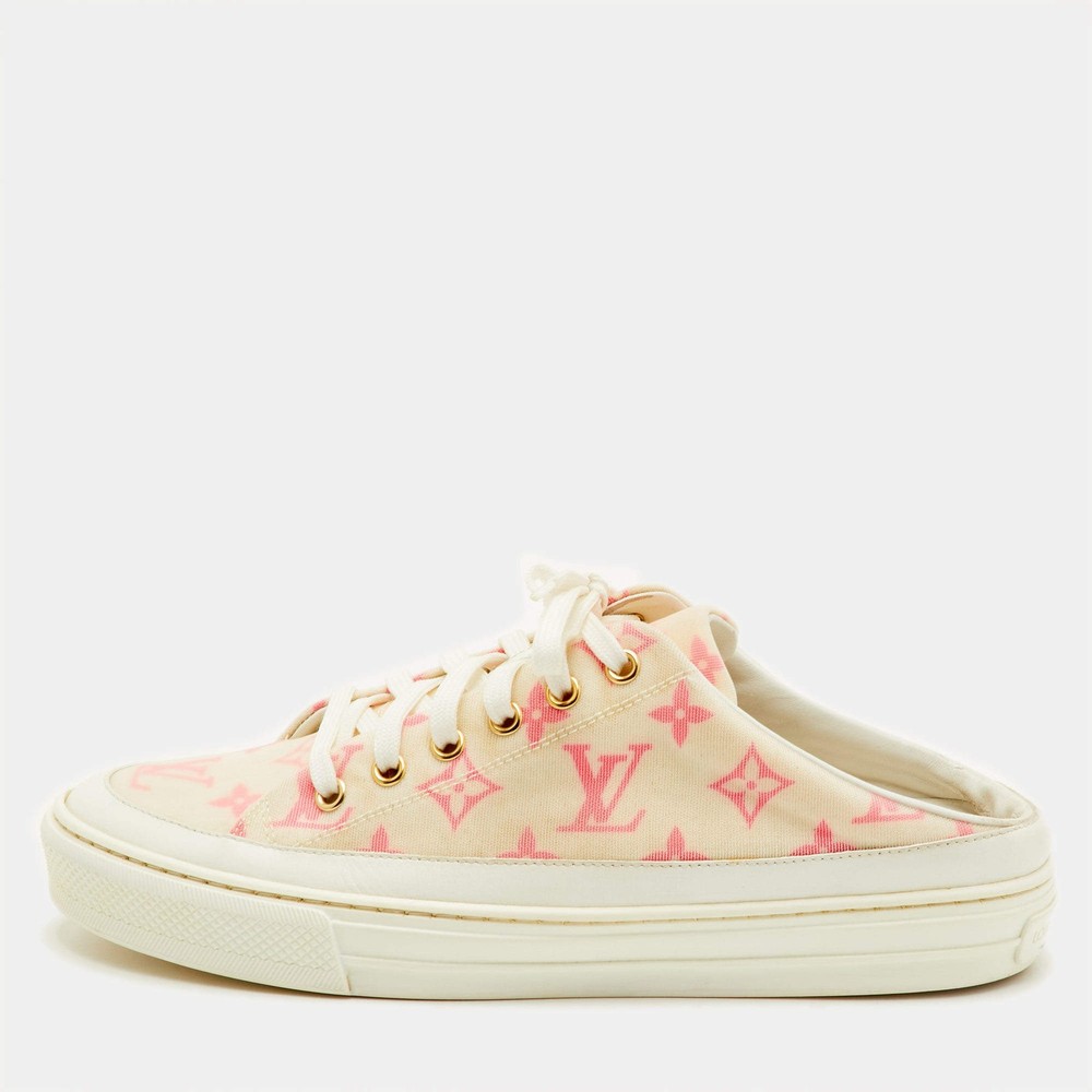 Louis Vuitton Stellar Size 39 WhitePink Monogram Mesh and Leather Lace Up Mule