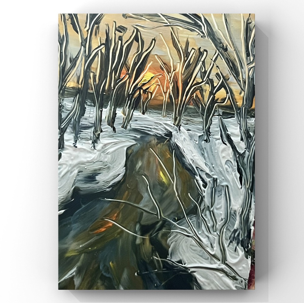 Winter Sunset landscape Oil Painting Bare Trees Along A Frozen Stream River Art