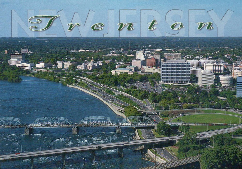 Aerial View of Trenton, New Jersey, Delaware River, Bridge, Roads etc - Postcard