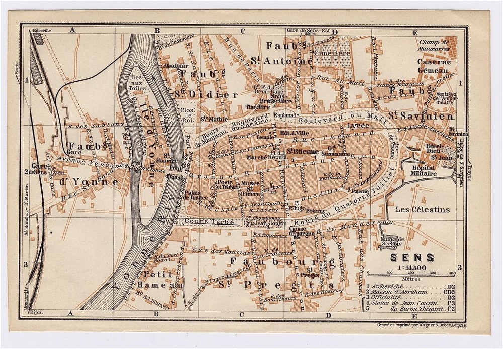 1905 Antique City Map Of Sens / Burgundy / Bourgogne / France