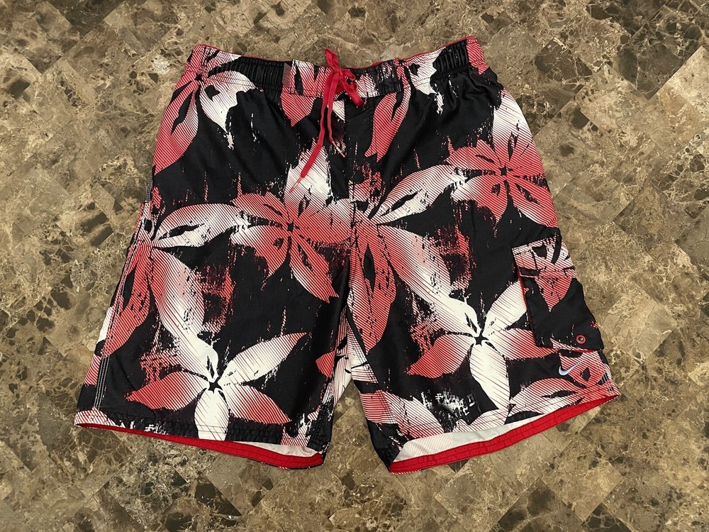 NIKE Black & Red Floral Swim Trunks Mesh Lined Board Shorts Size Large