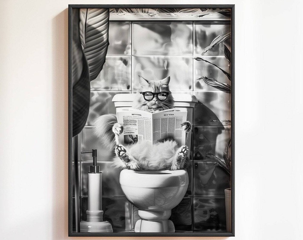 Black And White Bathroom Cat Print Funny Posters Bathroom Wall Decor Toilet