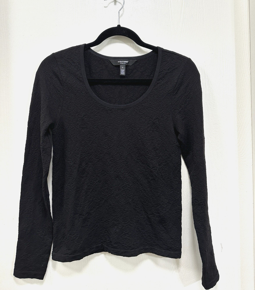 WHBM Forme Seamless Black Round Neck Long Sleeve Top Small Preppy Stretch