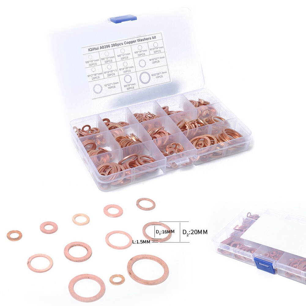 280pcs 12 Sizes Solid Copper Crush Washers Assorted Seal Flat Ring Hardware kit