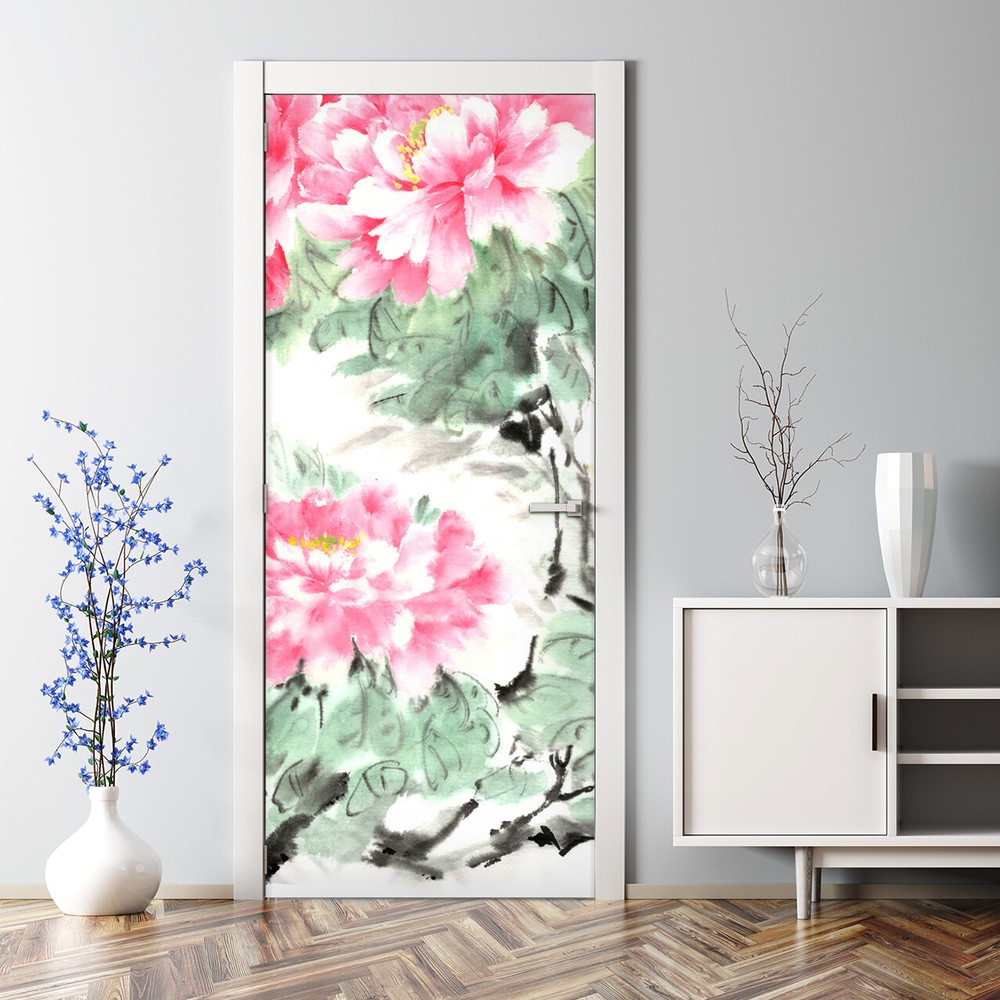 Door Decal Chinese Ink Traditional Peony Flowers Watercolour Floral Nursery