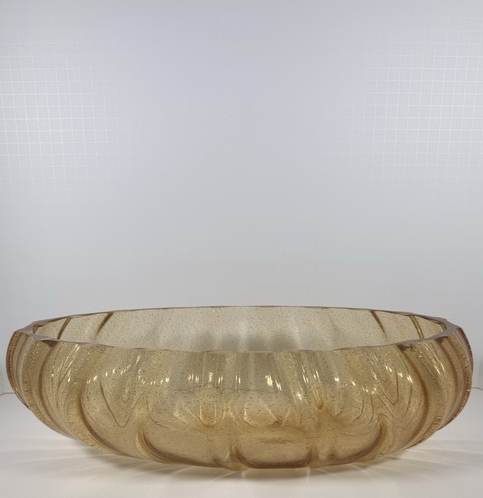 Huge Vintage Bullicante Murano Gold Colored Scalloped Glass Bowl Mid Century