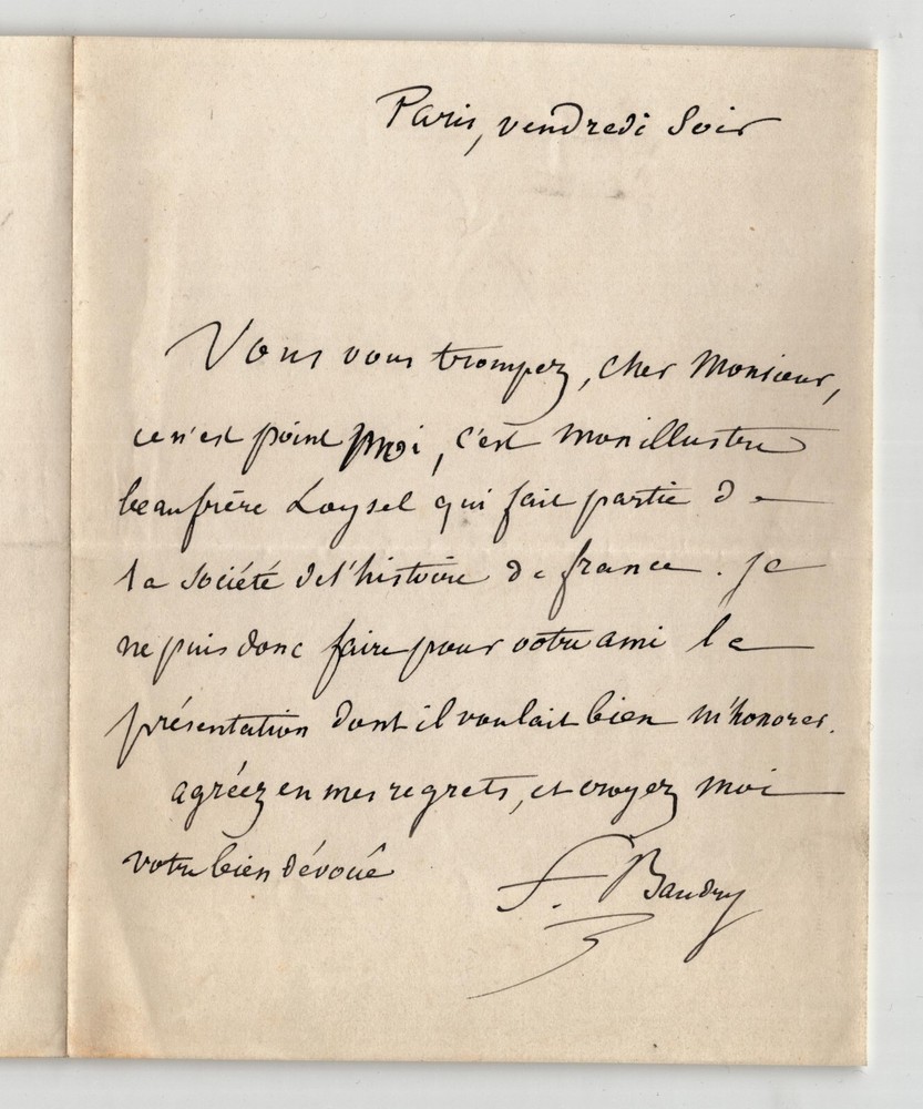 Frederic Baudry, Librarian - SIGNED AUTOGRAPH LETTER, Paris