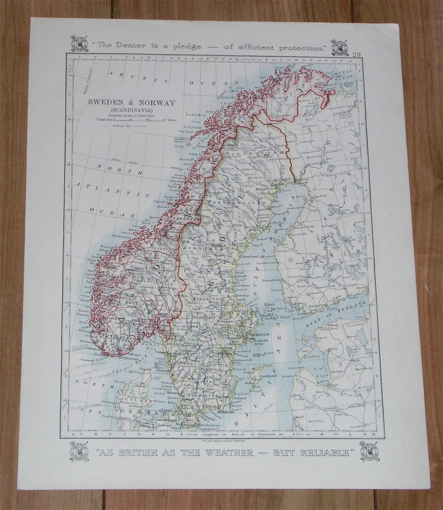 1921 Antique Map Of Scandinavia Sweden Norway / Denmark On Reverse Side