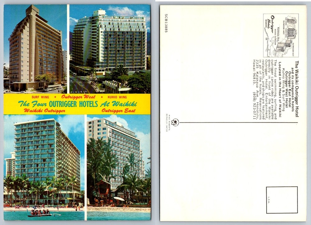 Vintage Waikiki Outrigger Hotels Hawaii Postcard - Surf West Kuhio East Wings