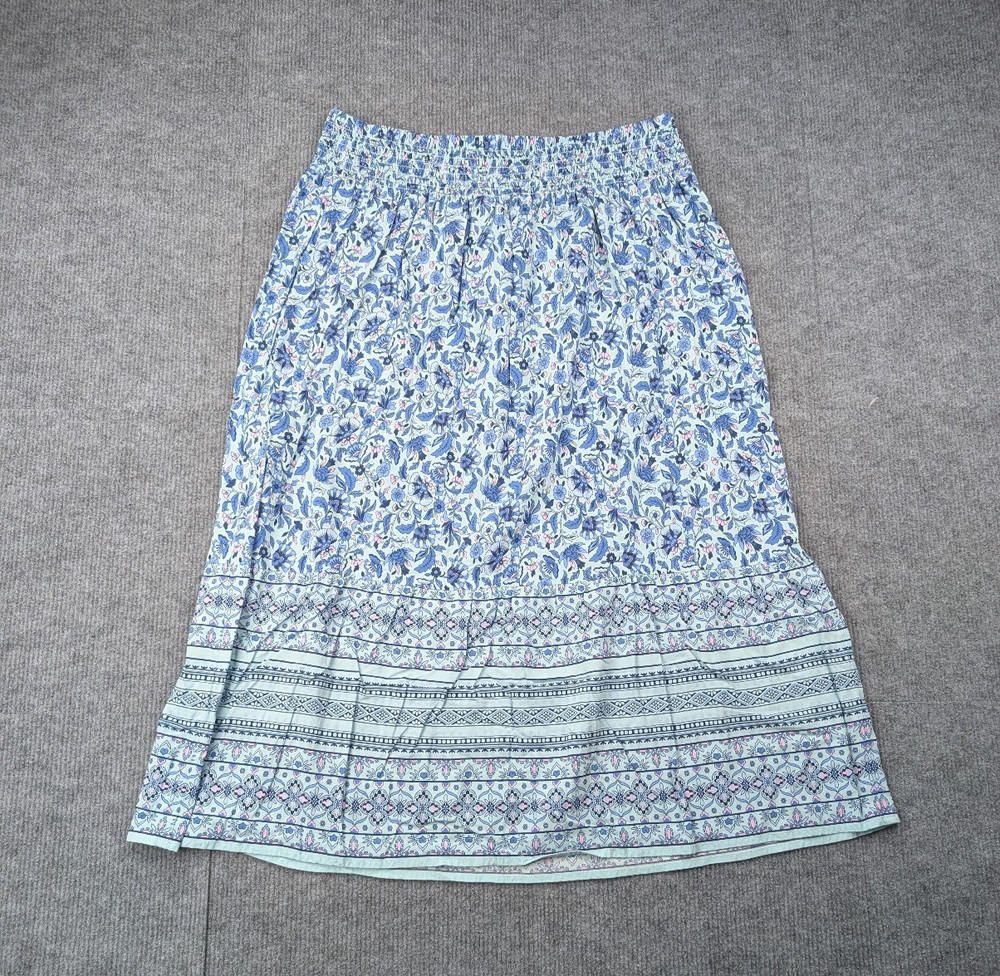 J Jill Midi Skirt Womens Medium Petite Blue Floral Block Print Coastal Cowgirl