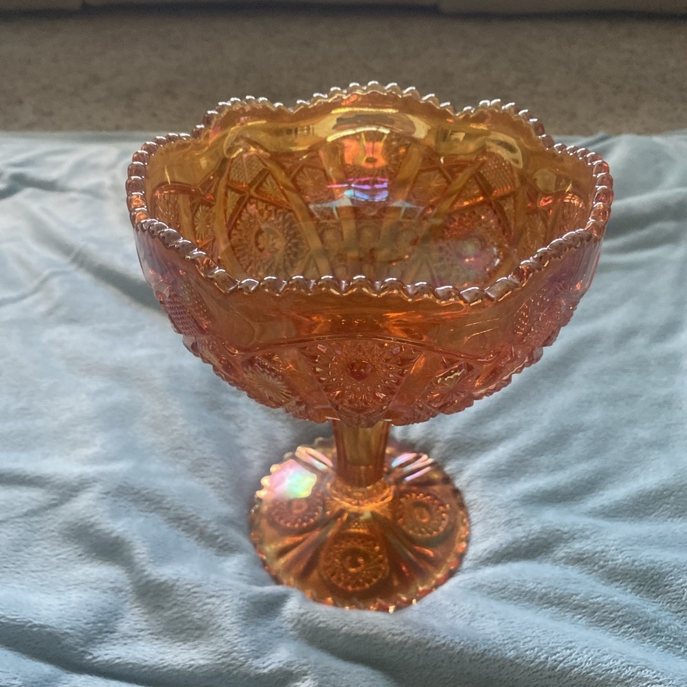 Vintage Imperial Carnival Glass Marigold Daisy & Button Compote Dish