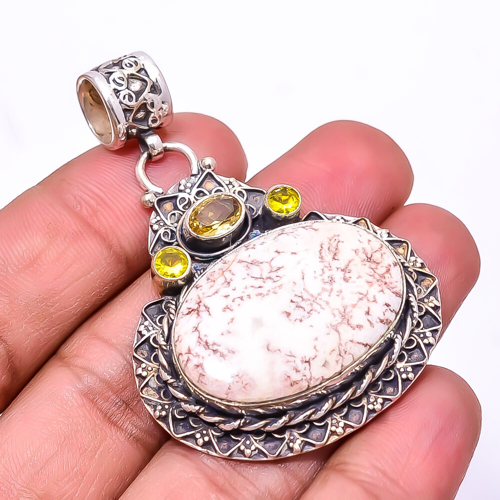 Rosetta Jasper and Citrine 925 Sterling Silver Pendant 2.11 Inch P45