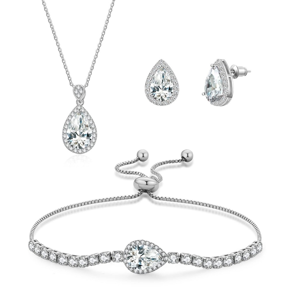 DHQH Cubic Zirconia Teardrop Necklace and Earring Set for Wedding with Crysta...