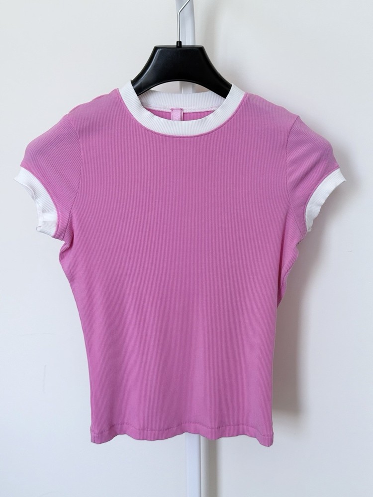 SKIMS Soft Lounge Ribbed Ringer Tee - S - (Hot Pink/White)