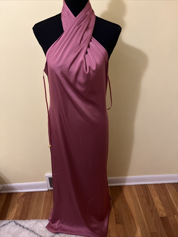 Petal And Pup Satin Halter Gown Halter Neck Dark Rose Hidden Back Zip Closure M