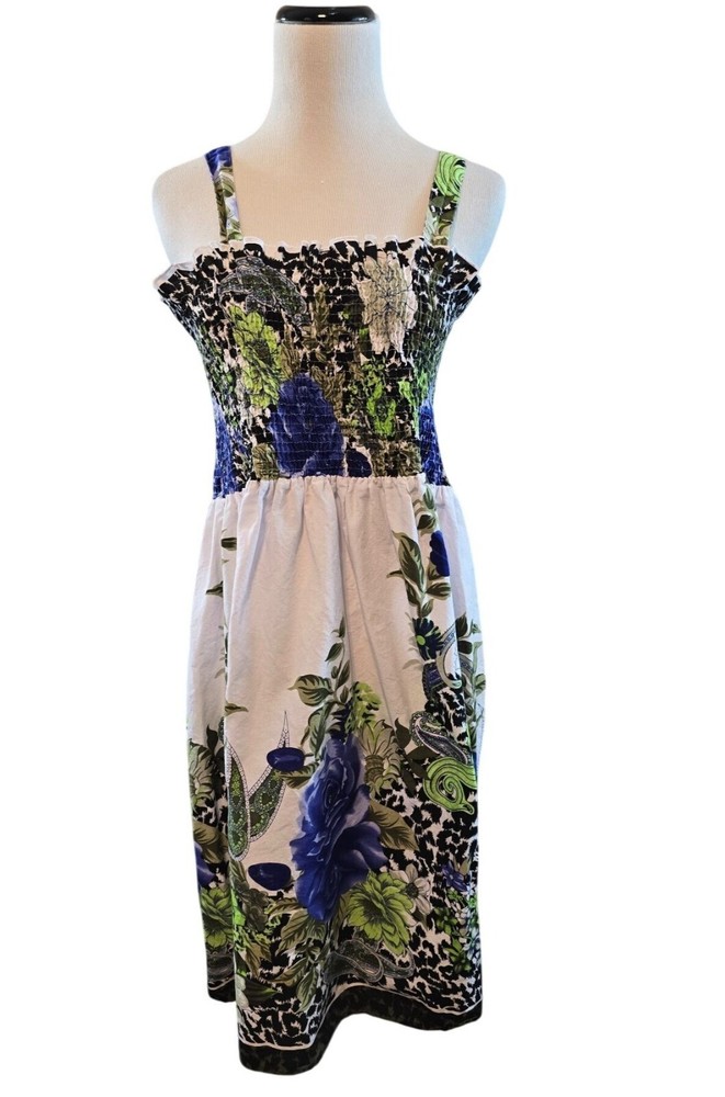 Floral Smocked Sundress Size M Blue Rose Print Pockets Cotton Summer Dress