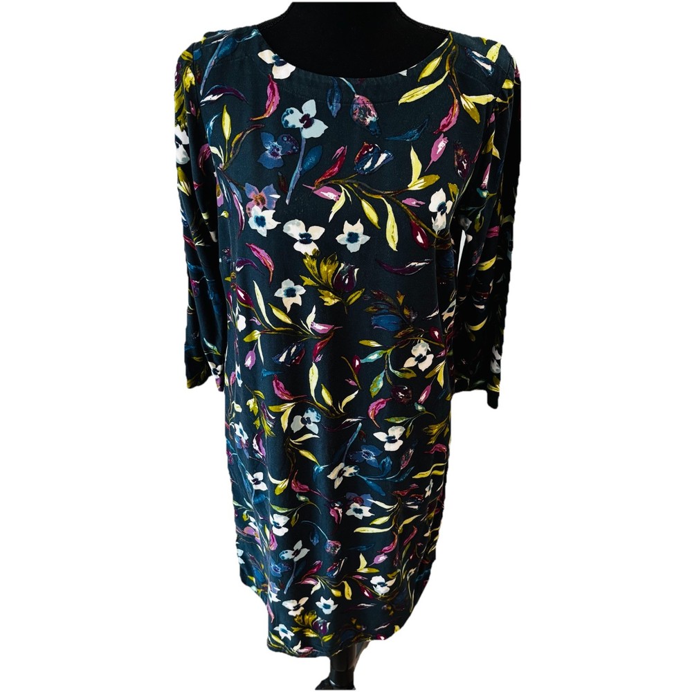 J. Jill Size XS Navy Floral Rayon Shift Dress Long Sleeve Pockets Normal Wear