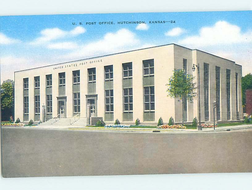 Unused Linen POST OFFICE SCENE Hutchinson Kansas KS d8607@