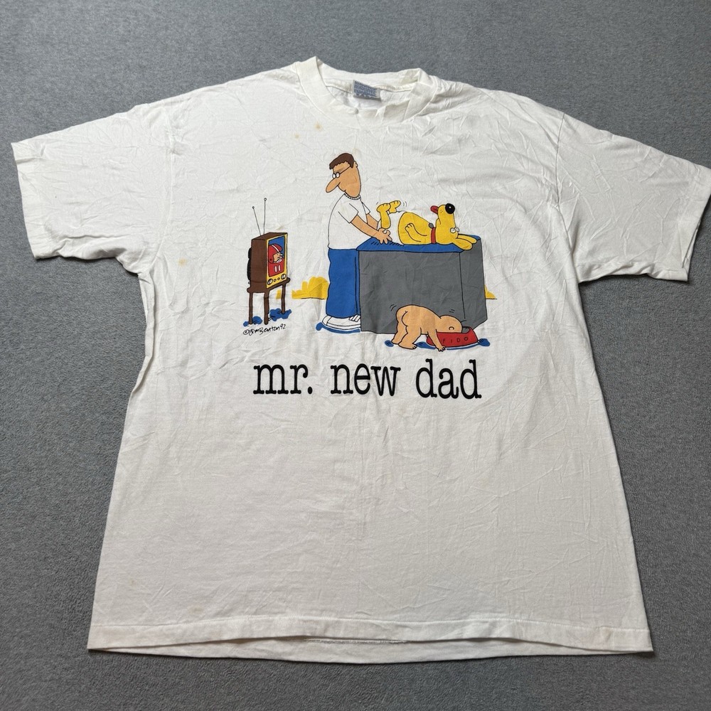Vintage Hanes T Shirt Mens XL White Mr. New Dad Cartoon Graphic Print USA 90s