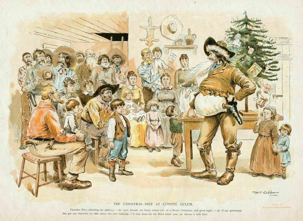 CHRISTMAS TREE AT COYOTE GULCH COWBOY DRESSED AS SANTA PISTOL HOLSTER CHILDREN