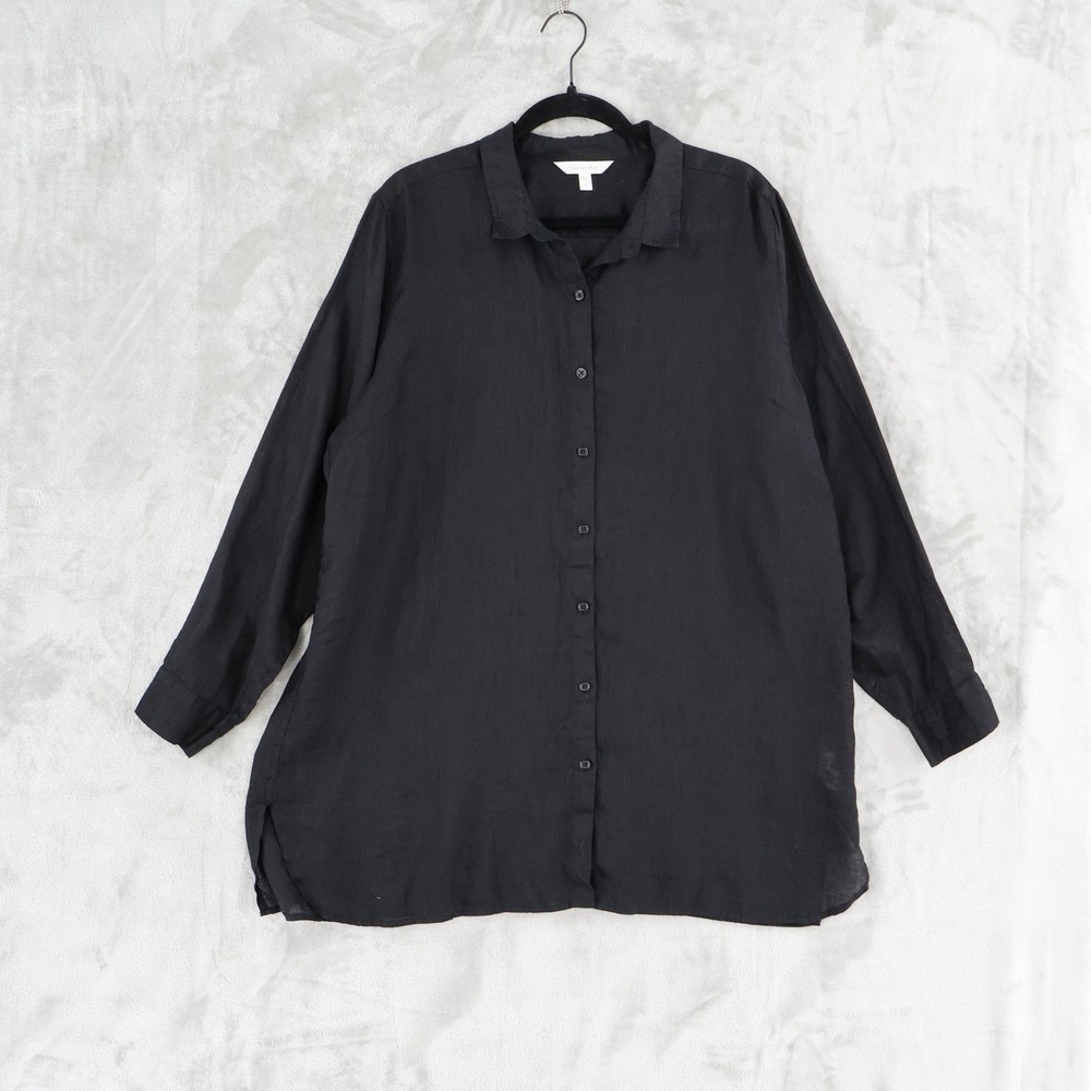 Garnet Hill 100% European Flax Linen Button Down Tunic Shirt Women XL Black Boho
