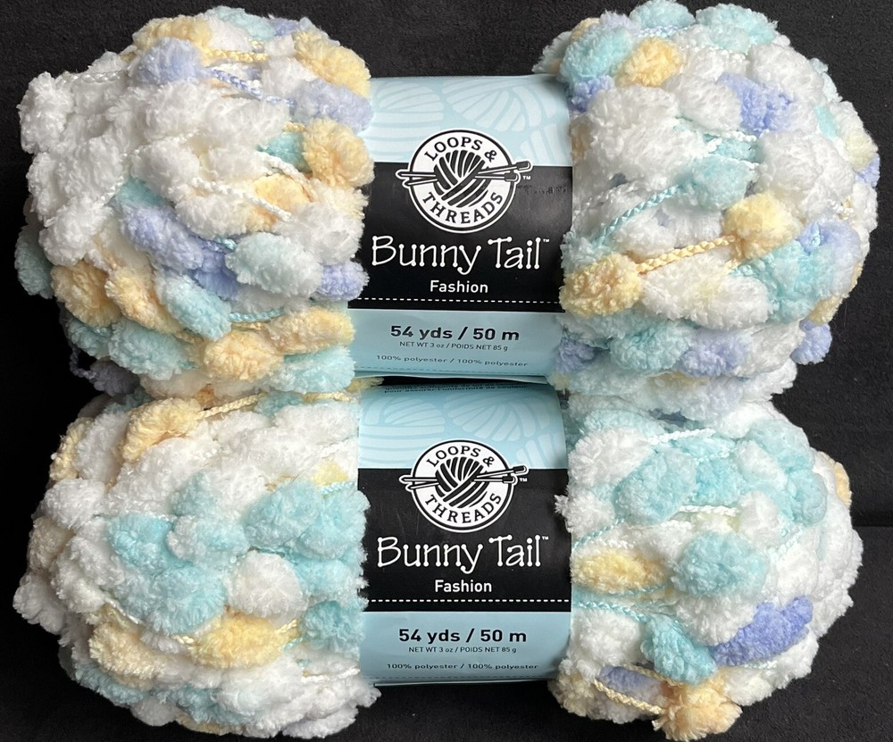 (2) Loops & Threads BUNNY TAIL FASHION Pom-Pom Yarn FROST #5 Blue Yellow Purple